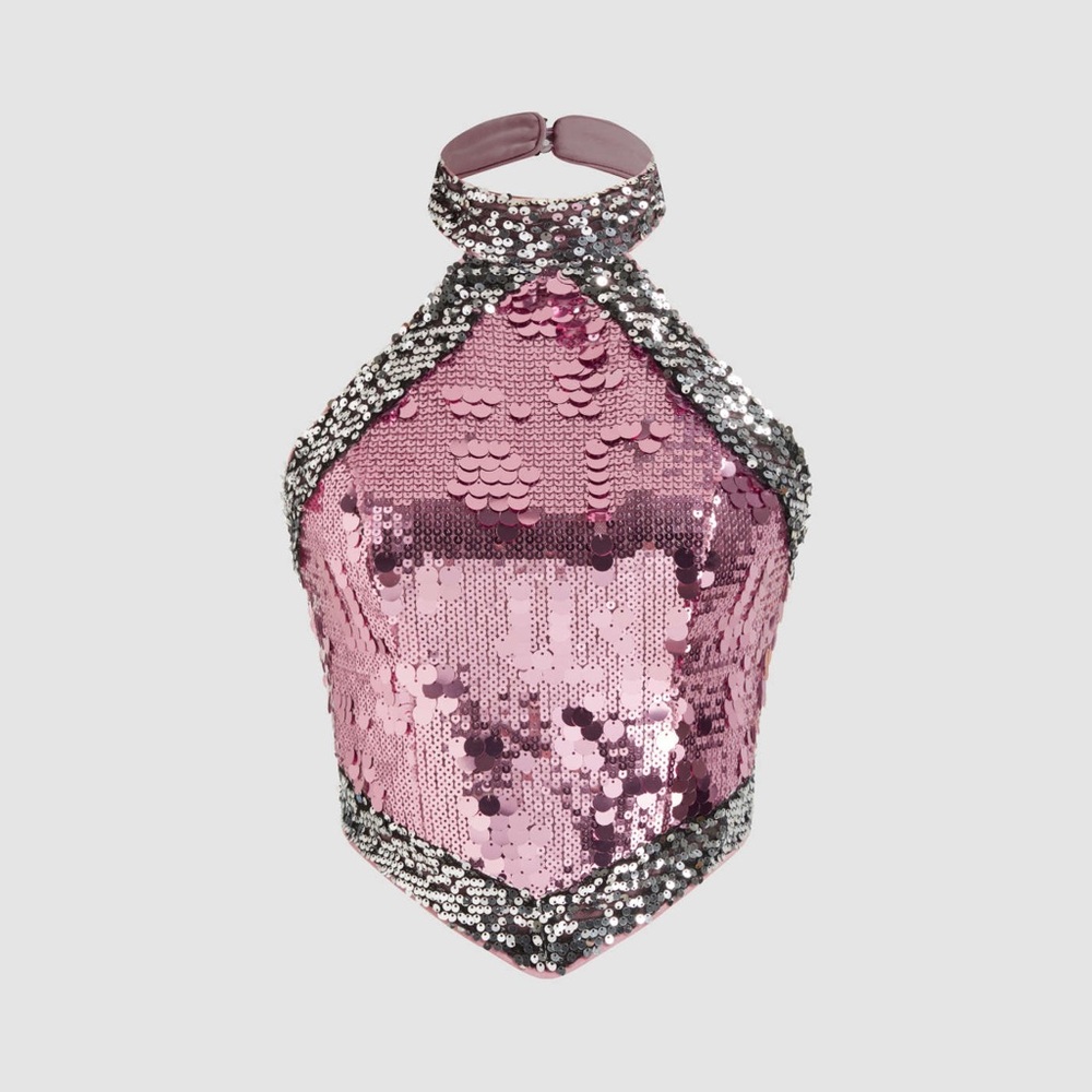 SEQUIN HALTER NECKLINE CONTRASTING BINDING CROP TANK TOP